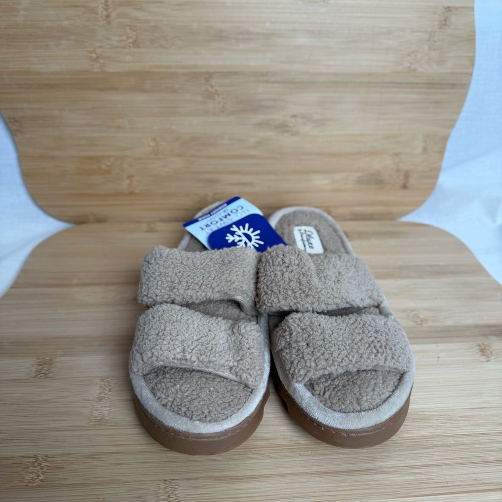 Dearfoams Memory Foam Open Toe Slippers Taupe Tan Size Medium - Picture 4 of 5